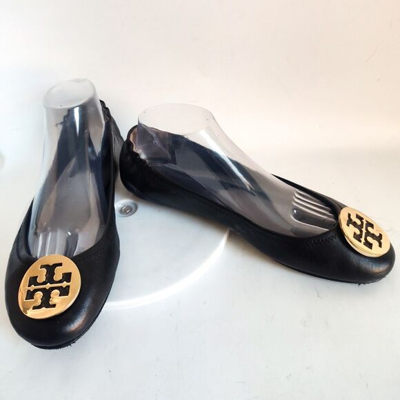 Tory Burch Ballet Flats Size 11 Black Leather Gold Medallion Logo Preppy Reva - Picture 5 of 12